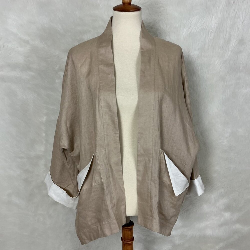 Go Silk Beige Linen White Contrast Open Front Lagenlook Jacket PM